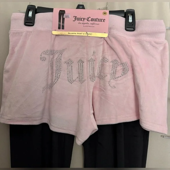 Juicy Couture Black Pajama Pants & Pink Pajama Shorts Set, Size Medium, NWT. - Picture 1 of 5